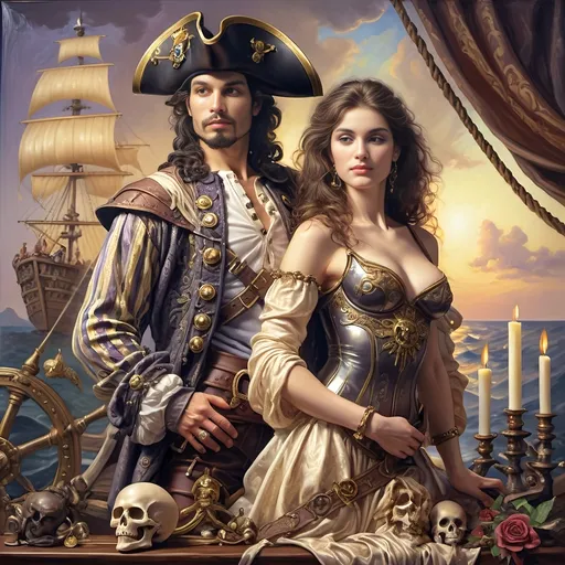 Prompt: (A 7 Wonders Art Glass Studio Renaissance oil painted masterpiece), (Honoring Nuit), pirate man and lover, adorned in detailed pirate costumes reminiscent of Conquistadors, standing confidently together, in front of an intricately designed ship with a skull motif, lush fantasy settings, remarkable (highly detailed), rich color palette, masterful (oil painting), capturing a sense of adventure and romance.