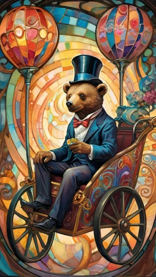 Prompt: Art nouveau painting of a (magician riding a cart shaped like a cub bear), vibrant color scheme, (hallucinogenic swirls) and (patterns), whimsical amusement park ambiance, (constructed from stained glass and porcelain), richly detailed textures, (dreamlike atmosphere), enchanting backdrop filled with colorful attractions, captivating light play, ultra-detailed, imaginative masterpiece.