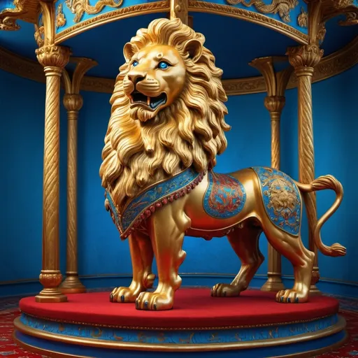 Prompt: (golden lion statue), (carousel), bright blue background, (red carpet), blue wall, inspired by Charles Bird King, Qajar art style, (highly detailed), digitally painted, (ultrafine details), vibrant colors, elegant ambiance, cinematic lighting, rich textures, immersive composition, fantastical atmosphere, intricate designs, artful presentation, HD quality.