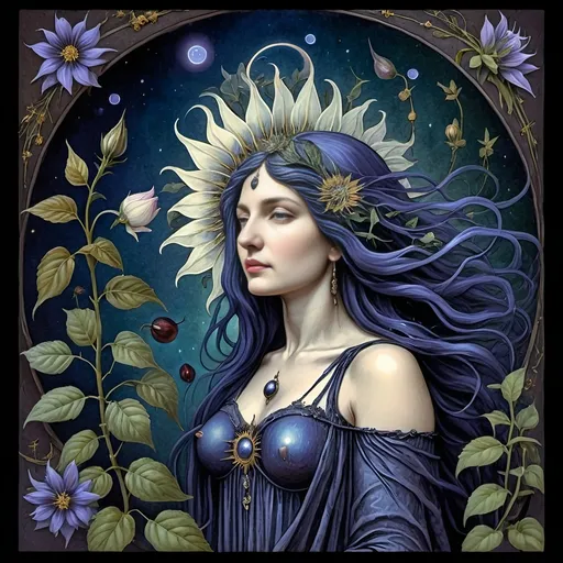 Prompt: a 7 Wonders Art Glass Studio Renaissance Period Art oil painting of a woman goddess (honoring the Goddess Nuit) with long hair and a sun (her companion) in the background, surrounded by flowers and leaves, Amanda Sage, fantasy art, autumn, a fine art painting