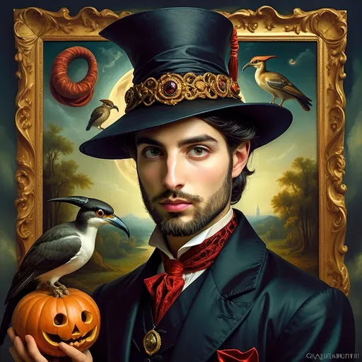 Prompt: (honoring Nuit), captivating handsome man magician with an elegant beard, wearing a pointed witch hat, (renaissance baroque painting style), facial features highlighted in detail, dark mystical background that enhances the allure, rich deep colors creating dramatic contrast, elements of Halloween celebration subtly interwoven, inviting an atmosphere of enchantment and mystery, ultra-detailed, a captivating masterpiece.