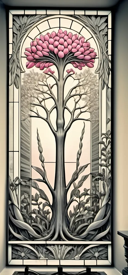 Prompt: Art Deco stained glass window design, (stunning floral patterns), honoring Nuit and Aeon of Horus, vibrant colors blending into delicate imagery, intricate details in glass texture, inspired by the elegance of Art Deco style, (highly detailed), warm ambient light filtering through glass, showcasing the beauty of craftsmanship, 4K quality, perfect for a serene art studio atmosphere.