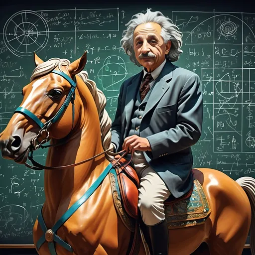 Prompt: (art movement: Art Deco), vibrant color scheme, (Carousel of Science), highly detailed digital painting, statue-like Albert Einstein, gracefully posed on a (majestic horse), a mysterious (chalkboard) filled with equations and sketches in the background, (ultrafine details), playful yet thoughtful atmosphere, intricate geometric patterns, rich textures, 4K quality, striking composition, dynamic blending of colors, creative expression through scientific wonder.