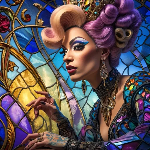 Prompt: (still life portrait), (stained glass artisan drag queen), (baroque style), highly detailed, brilliant colors, psychedelic patterns, intricate glass texture, warm lighting, decorative elements, ornate background, opulent ambiance, luxurious vibe, vivid contrast, ethereal atmosphere, artful composition, 4K quality, ultra-detailed, radiant reflections, artistic masterpiece.