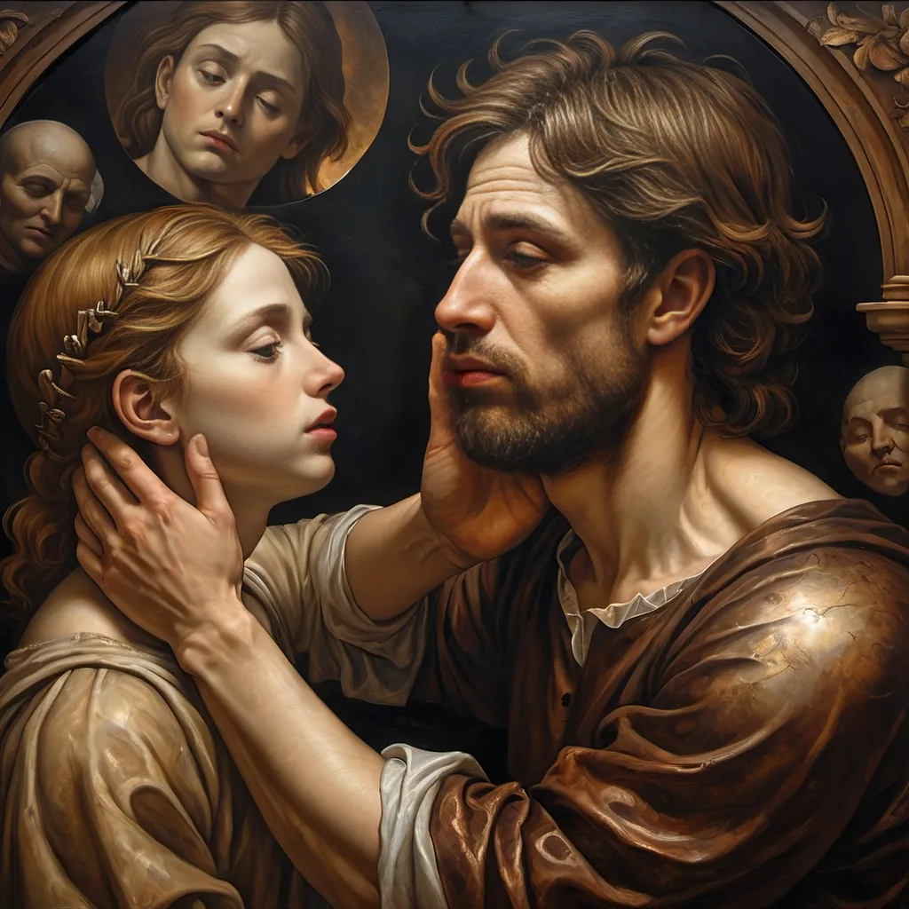 Prompt: Renaissance oil mural (The Creation), (dark color scheme), up-close still life of Adam, face cracking like broken porcelain, intricate details, God in the scene, emotional farewell, Adam saying goodbye, spirits set free, dramatic lighting, atmospheric ambiance, textured brush strokes, high depth, captivating composition, masterful artistry, HD.