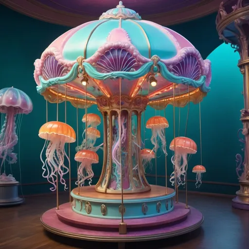 Prompt: (kinetic art), a whimsical carousel featuring a jellyfish on its side and another jellyfish atop, (surrealist sculpture), vibrant colors blending harmoniously, dreamy atmosphere, intricate details, illusion of motion, fantastical design elements, enchanting background filled with soft pastel hues, a touch of wonder and curiosity, 4K, ultra-detailed.