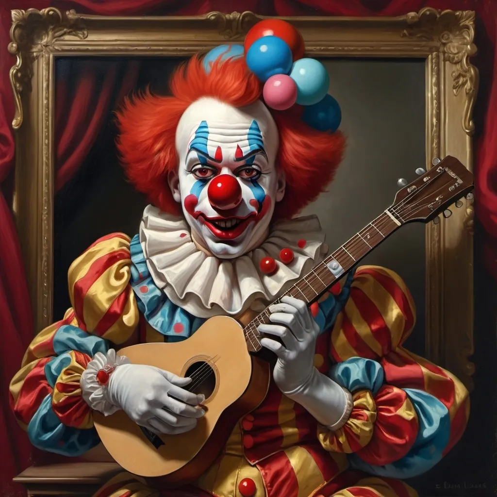 Prompt: a painting of a clown with a guitar and a ball in front of him, with a red clown's face painted on it, Edward George Handel Lucas, pop surrealism, highly detailed digital painting, an ultrafine detailed painting