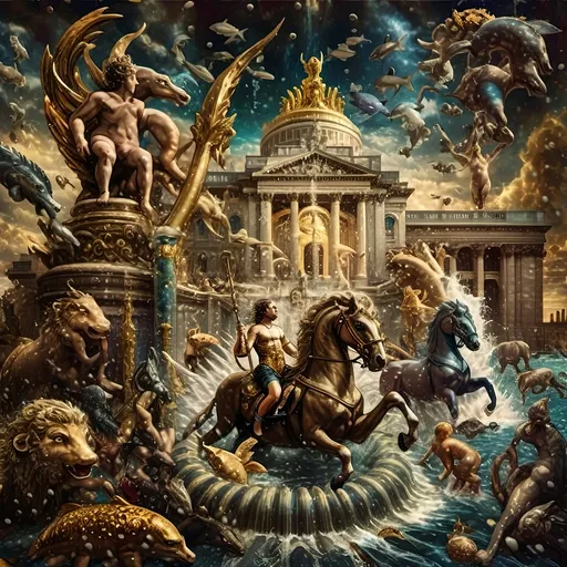 Prompt: Art Deco style painting, vibrant color scheme, (Court of Neptune, Library of Congress), a man riding a horse in water surrounded by various animals, majestic building in the background, inspired by Carel Willink, neoclassicism influences, cinematic matte painting, ultra-detailed, harmonizing warm and cool tones, ethereal atmosphere, striking contrasts, dynamic composition, whimsical yet majestic mood.