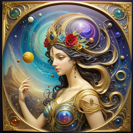 Prompt: (7 Wonders Art Glass Studio masterpiece), oil painting, (honoring Goddess Nuit), vibrant colors, enchanting atmosphere, Renaissance attire, surrealistic elements, Jack-in-the-Box emerging, creator of the universe, sewing the seeds of the universe, celestial motifs, planets depicted with intricate details, festive ambiance, high depth cinematic masterpiece, (cosmic theme) blending ancient and contemporary styles, (ultra-detailed).