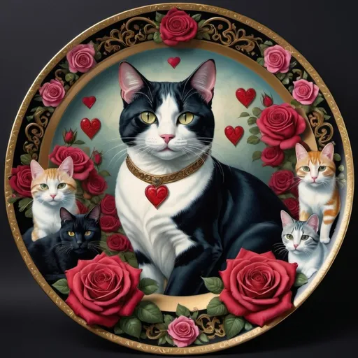 Prompt: (ultrafine detailed painting) queen of hearts, surrounded by (graceful cats), (lush roses), and roses elegantly arranged on a decorative plate with a playful cat on it, (gothic art style), vibrant colors blending into intricate patterns, moody and enchanting atmosphere, high-definition, showcasing romanticism and rich textures in a visually stunning digital masterpiece.