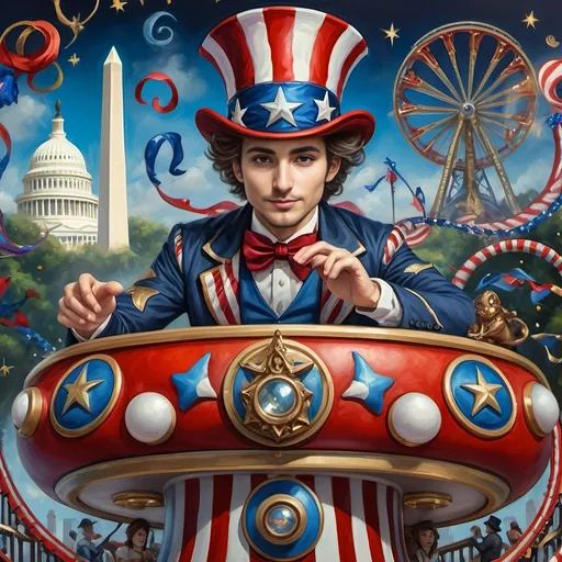 Prompt: (Acrylic painting of a magician man), wearing a (patriotic top hat), joyfully riding a (whimsical rollercoaster) in Liberty Park, with (HD details), vibrant colors, and enchanting motifs. The scene features the (Washington Monument) in the background, as well as the phrase (accurately spelled text "Yankee Doodle"). An aura of celebration and magic surrounds the image, honoring Nuit and the Aeon of Horus.