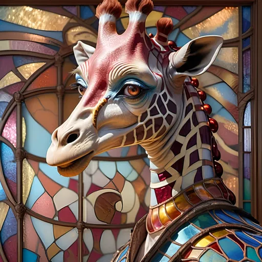 Prompt: (Seven Wonders Art Glass Studio) masterpiece, stunning oil painting, intricate stained glass window featuring a graceful giraffe, designed with copper foil, beautifully crafted with solder method, honoring Nuit, rich textures and colors, vibrant hues, ethereal lighting, dynamic composition, warm ambiance, inviting atmosphere, ultra-detailed, high quality.