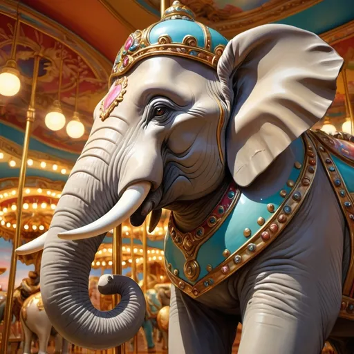 Prompt: (photorealistic painting), (elephant statue), (carousel in the background), illuminated ceiling lights, exquisite detail, vibrant colors, fantastic realism inspired by Chris LaBrooy, dreamy atmosphere, whimsical and magical ambiance, high resolution, ultra-detailed art, imaginative scenes blending fantasy and reality, captivating and enchanting feeling, smoothly blended textures and lighting effects.