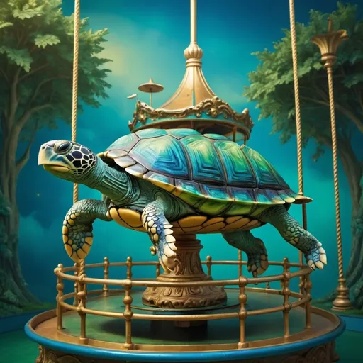 Prompt: (turtle on a carousel), (surrealist sculpture), vibrant blue and lush green backgrounds, (gold frame), whimsical atmosphere, high detail, pop surrealism, inspired by Chris LaBrooy, imaginative composition, extraordinary depth, astonishing textures, dreamy lighting effects, unique surreal photography style, splendid craftsmanship, captivating expression, ultra-detailed, 4K resolution.