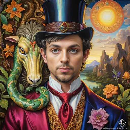 Prompt: (Renaissance portrait masterpiece), a whimsical (@magician) satyr, surrounded by mystique serpent transformation elements, honoring (@Horus) and (@Nuit). Vivid glass art techniques, intricate details, baroque elements, serene Arcadian landscape in the background, rich vibrant colors, warm golden tones, dramatic lighting, ethereal atmosphere that reflects a fusion of mythology and artistry, ultra-detailed HD quality.