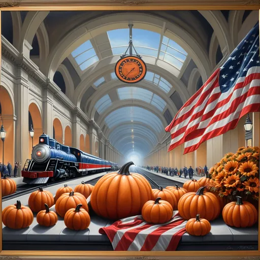 Prompt: (Honoring Nuit) (Union Station, Washington D.C) patriotic Fall Equinox at Union Station, maintaining string ambiance of patriotism, a painting of a train and pumpkins in a train station with a flag and a train on the tracks, Anne Stokes, american scene painting, highly detailed oil painting, a detailed matte painting