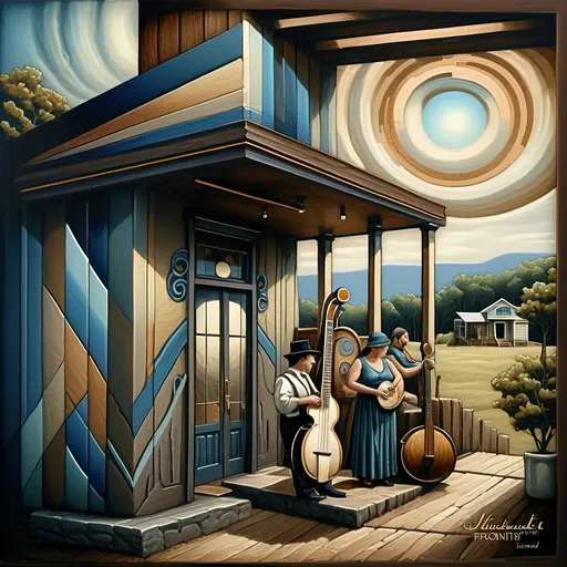 Prompt: A Seven Wonders Art Glass Studio painting of a country store, Breathitt County Kentucky.  honoring Nuit.    Commissioned painting in the holler with a band playing outside of it and a man playing the banjo on the porch, Brothers Hildebrandt, american scene painting, highly detailed digital painting, a fine art painting.