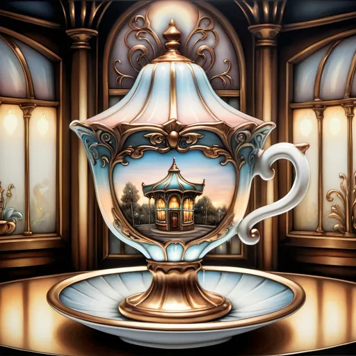 Prompt: (A Seven Wonders Art Glass Studio) oil painting, enchanted tea cup, (carousel of dreams), magical world unfolding, rich colors, whimsical atmosphere, fine detail, intricately designed porcelain with age lines and cracks, luminous lighting highlighting textures, surreal surroundings, dreamy ambiance, high depth, (ultra-detailed), evocative and imaginative scene.