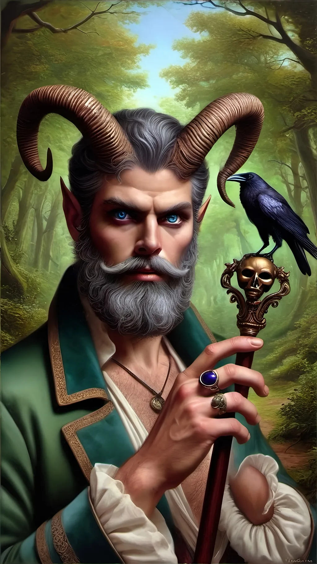 Prompt: a painting of a man with horns and a bird on his shoulder holding a cane in his hand and a crow on his shoulder, Anne Stokes, fantasy art, epic fantasy character art, a character portrait