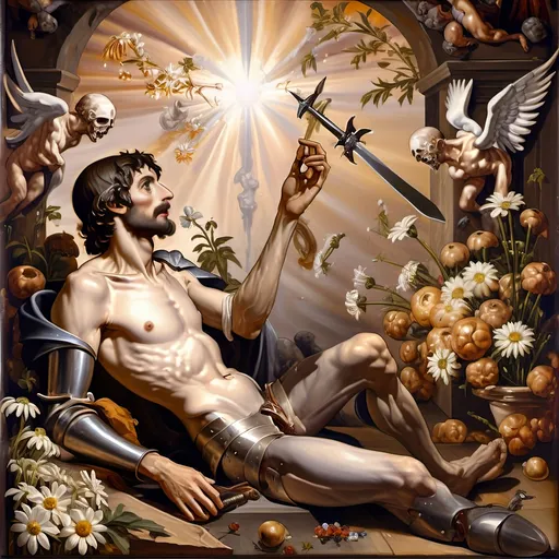 Prompt: Renaissance painting of a (knight laying on the ground), gripping a (sword in hand), surrounded by (daisies in the foreground), characterized by (misc-macabre style), (dark color scheme), inspired by (Anne Stokes), (fantasy art), (storybook illustration), moody ambiance, vibrant detailed textures, (ultra-detailed), dramatic shadows, rich depth, a hauntingly beautiful scene.