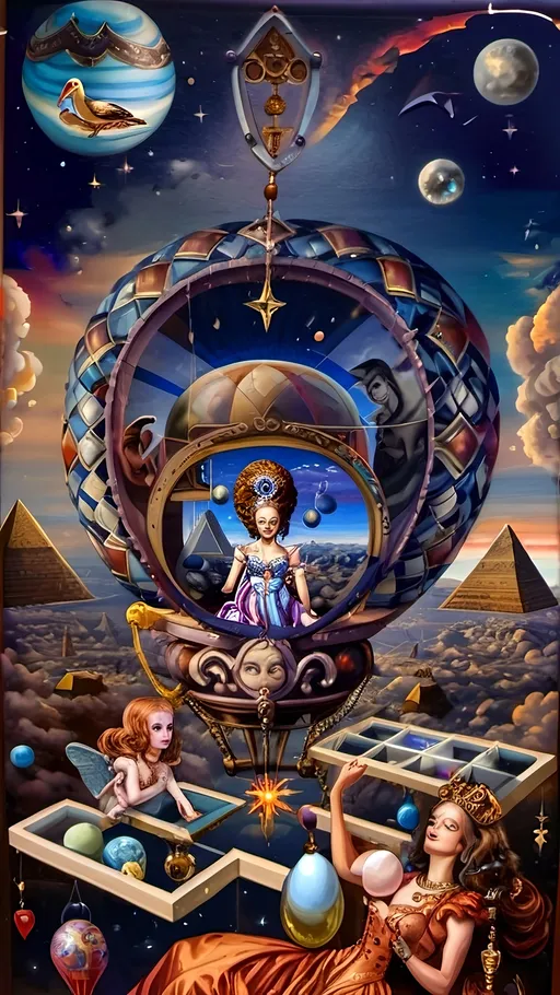 Prompt: A masterpiece oil painting of “7 Wonders Art Glass Studio” hot air balloon with a painting of a snake on it and a sky background with stars and planets honoring Nuit and Horus. Flying over Great Pyramids honoring Thoth.