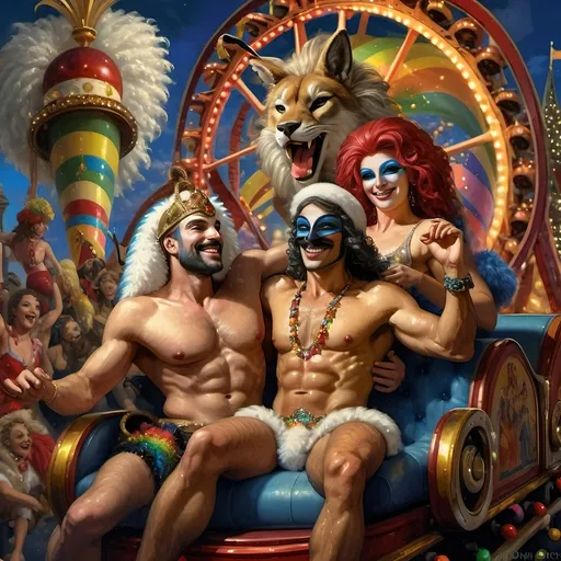 Prompt: (Honoring Nuit), vibrant oil painting of a lively group of drag queens riding a roller coaster, ecstatic expressions, in a whimsical carnival setting, colorful ferris wheel glowing in the background, (rainbow) painted on the coaster's side, bright blue sky filled with fluffy clouds, joyous atmosphere, high energy, ultra-detailed, cinematic masterpiece.