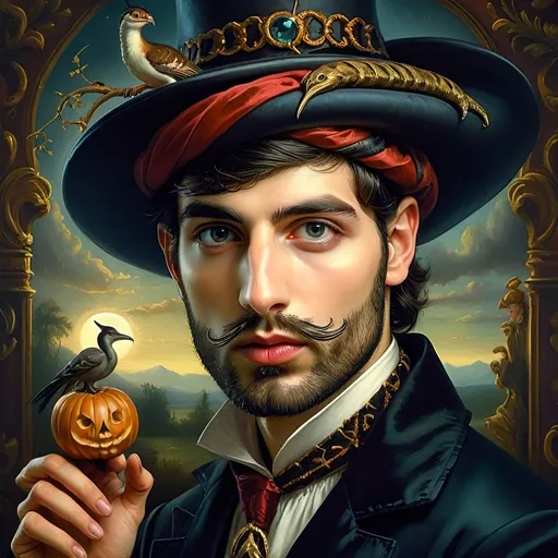 Prompt: (honoring Nuit), captivating handsome man magician with an elegant beard, wearing a pointed witch hat, (renaissance baroque painting style), facial features highlighted in detail, dark mystical background that enhances the allure, rich deep colors creating dramatic contrast, elements of Halloween celebration subtly interwoven, inviting an atmosphere of enchantment and mystery, ultra-detailed, a captivating masterpiece.