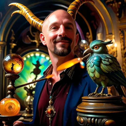 Prompt: (A fine art oil painting) by Seven Wonders Art Glass Studio, (magician man) with a (horned head), (bird on his shoulder), holding a cane and a glowing ball, inspired by Clint Cearley, (fantasy art), rich colors, intricate details, dramatic lighting, mystical atmosphere, character portrait emphasizing the essence of Pan and Nuit, ultra-detailed, vibrant background reflecting magical elements, imaginative and enchanting setting.