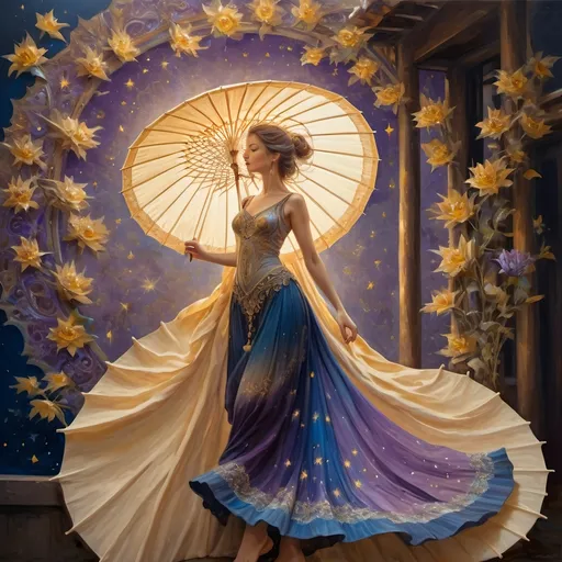 Prompt: (oil painting), (exquisite craftsmanship), woman in a flowing dress, elegant pose, holding a vibrant, intricately detailed parasol, inspired by Nuit, celestial themes, rich blues and purples, subtle glimmers of stars, warm golden light casting soft shadows, dreamy atmosphere, art radiating grace and beauty, ultra-detailed, 4K quality, timeless and captivating.