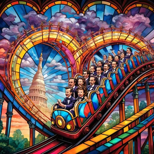 Prompt: (psychedelic art style), magicians riding a roller coaster, vibrant color scheme, whimsical atmosphere, capturing surprise photos,  intricate fine details, amusement park titled "Liberty Park" in D.C., stunning stained glass coaster, fantastical clouds floating, kaleidoscopic visuals, surreal happiness, exciting energy, high contrast colors, ultra-detailed, dreamlike scenery, bountiful whimsy, inviting yet thrilling ambiance.