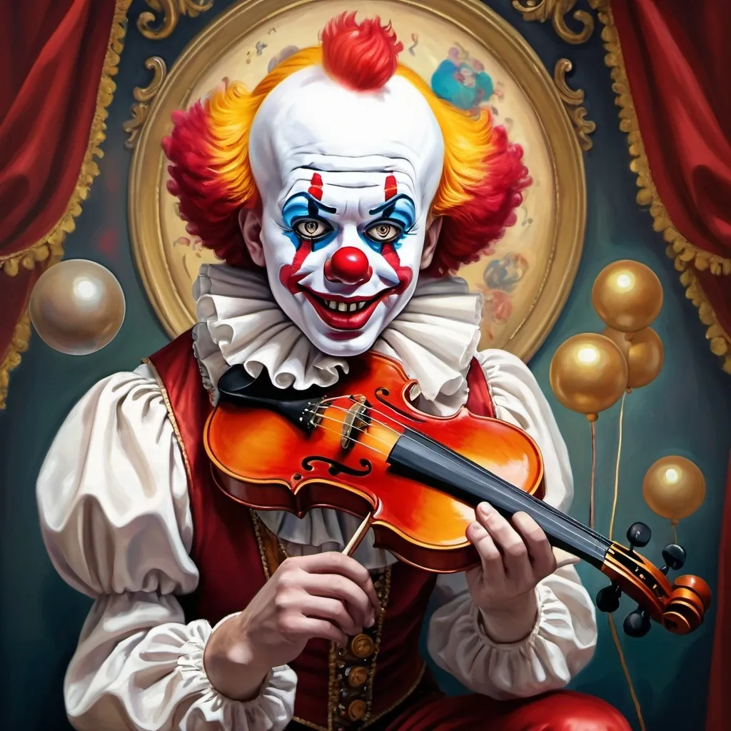 Prompt: a painting of a clown with a gold violin and a ball in front of him, with a red clown's face painted on it, magical ambiance, friendly, highly detailed digital painting, an ultrafine detailed painting.  Add Renaissance background.  Adorn with mystic florals