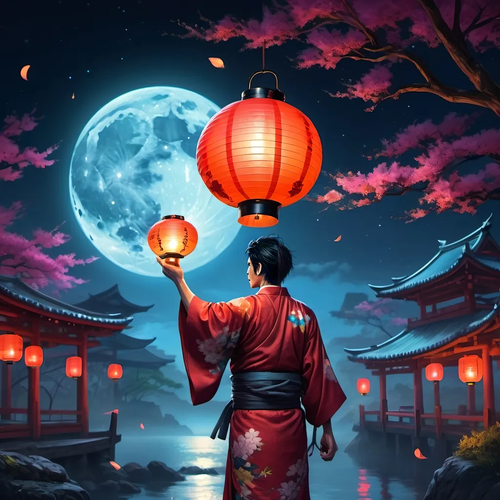 Prompt: a man in a kimono with a lantern and lanterns in the background, and a full moon in the sky, Ai-Mitsu, fantasy art, highly detailed digital painting, cyberpunk art