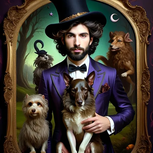 Prompt: (honoring Nuit), moon and stars) captivating handsome man magician, pointed witch hat, facial features highlighted, elegant beard, (renaissance baroque painting style), dark mystical background, rich deep colors with dramatic contrast, elements of Halloween celebration in still life arrangement, enigmatic ambiance, intricate shadows and light, (highly detailed), evoking intrigue and enchantment.