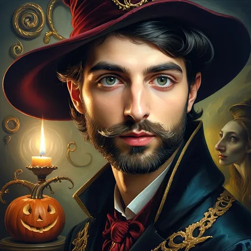 Prompt: (honoring Nuit), captivating handsome man magician with an elegant beard, wearing a pointed witch hat, (renaissance baroque painting style), facial features highlighted in detail, dark mystical background that enhances the allure, rich deep colors creating dramatic contrast, elements of Halloween celebration subtly interwoven, inviting an atmosphere of enchantment and mystery, ultra-detailed, a captivating masterpiece.