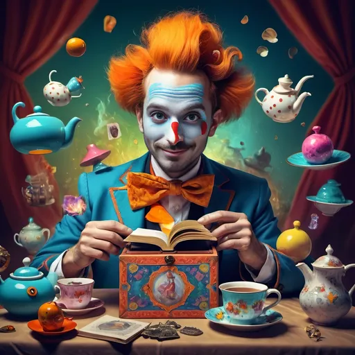 Prompt: (Still life portrait) of a magician jack-in-the-box man, (psychedelic style), vibrant color scheme, surrounded by whimsical teapots and floating magical items, colorful tea party atmosphere, (open book) in front, enchanting details unfolding, dreamy background, magical surrealism, explosive color contrasts, (ultra-detailed) composition, captivating light effects, cheerful yet enchanting mood, an exploration of imagination and wonder.