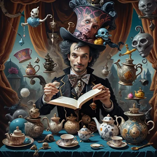 Prompt: (still life portrait), (psychedelic art style), (vibrant color scheme), a whimsical magician jack-in-the-box man, surrounded by enchanting teapots and magical items, captivating tea party scene, objects coming to life, an open book with mystical symbols, surreal and dreamlike atmosphere, vivid hues and intricate patterns, high-quality detail, a splash of imagination and wonder.