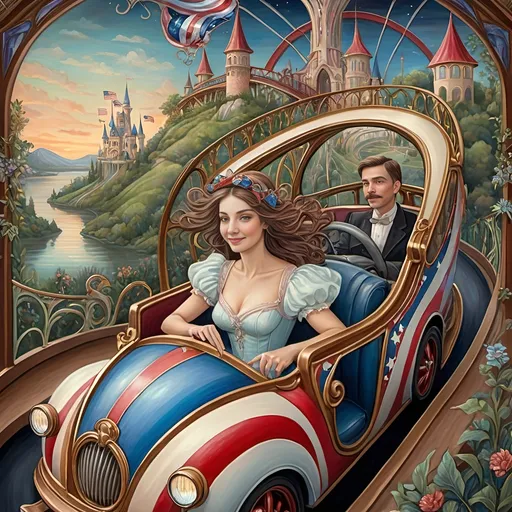 Prompt: (Renaissance oil on canvas) fine detail, (Art Nouveau style), whimsical Americana theme, soft pastel color scheme, enchanting atmosphere, magical roller coaster, woman magician in mask, expertly crafted stained glass first roller coaster car, elements of patriotism, intricate details, unique attractions, lush park landscape, enchanting fairytale ambiance, high quality, ultra-detailed, inviting and cheerful vibe, beautiful fantasy illustration showcasing patriotic enchantment.