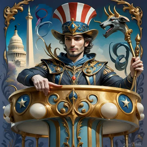 Prompt: A (masterful) Seven Wonders Art Glass Studio painting, depicting a (charming) magician man in a (patriotic) top hat, joyfully riding a rollercoaster in Liberty Park, featuring vibrant colors and whimsical elements, with a prominent Washington Monument in the background, intricately integrated with the phrase (accurately spelled text "Yankee Doodle"), all while encapsulating the theme of (honoring Nuit and the Aeon of Horus), ultra-detailed, colorful and dynamic atmosphere.