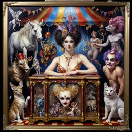 Prompt: A Seven Wonders Art Glass Studio oil masterpiece painting honoring Nuit.  Pandora’s Magical Music Box of carnival and circus freaks.  highly detailed oil painting, an ultrafine detailed painting