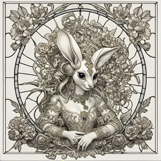 Prompt: A Seven Wonders Art Glass Studio (SWAG) window pattern (traced image) with a rabbit and flowers in it, and a sunburst above it, and a stained glass window with flowers and leaves, art nouveau, intricate linework, lineart.  (Honoring Nuit)