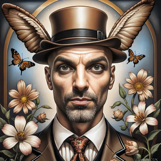 Prompt: A Seven Wonders Art Glass Studio oil masterpiece painting of a goat with a top hat and flowers on its head and a butterfly honoring Nuit.  Commissioned Spring Equinox 1467 Renaissance pop surrealism, pj crook, a detailed painting