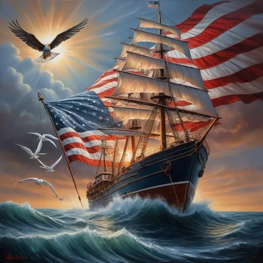 Prompt: (american flag flying), majestic boat in the ocean, soaring bird overhead, distant ship on the horizon, (highly detailed), (oil painting), vibrant colors, dramatic lighting, serene ocean waves, depth with harmonious details, fine art aesthetics, captivating atmosphere, evocative composition, rich textures, mastery in brushwork, Anne Stokes influence, ultra-detailed, cinematic masterpiece.