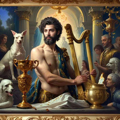 Prompt: (oil painting) Honoring Nuit, a man with a (wisdom-filled beard) holding a harp and a (rich) cup of wine, next to a (gilded golden cup), Ditlev Blunck's artisanal touch, (neoclassical elegance) with (Flemish Baroque influences). The atmosphere reflects reverence and beauty, drenched in (warm, golden tones), evoking the essence of a (divine encounter) that captures a mortal honoring the God Pan. Ultra-detailed, quintessential classical painting.