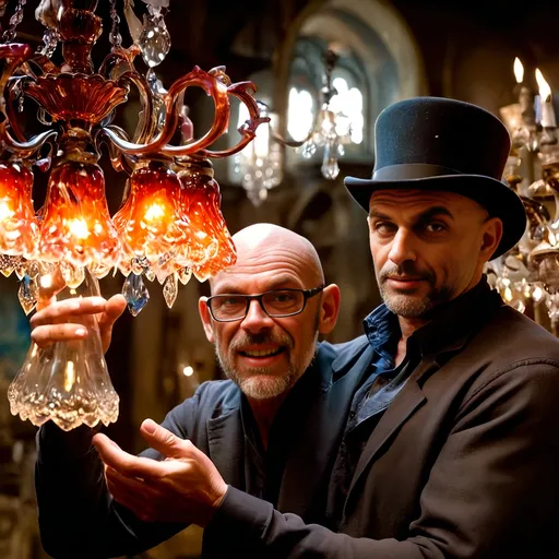 Prompt: (Glass Artisan and Magician), wearing a magical top hat, (constructing magical lights in a stunning chandelier), intricate baroque details, vibrant color scheme, enchanting atmosphere, (workshop setting), immersed in artistry, Murano glass studio in Venice, shimmering glass reflections, dramatic shadows, warm and cool tones, high detail, 4K quality, (capturing the essence of magic and craftsmanship)