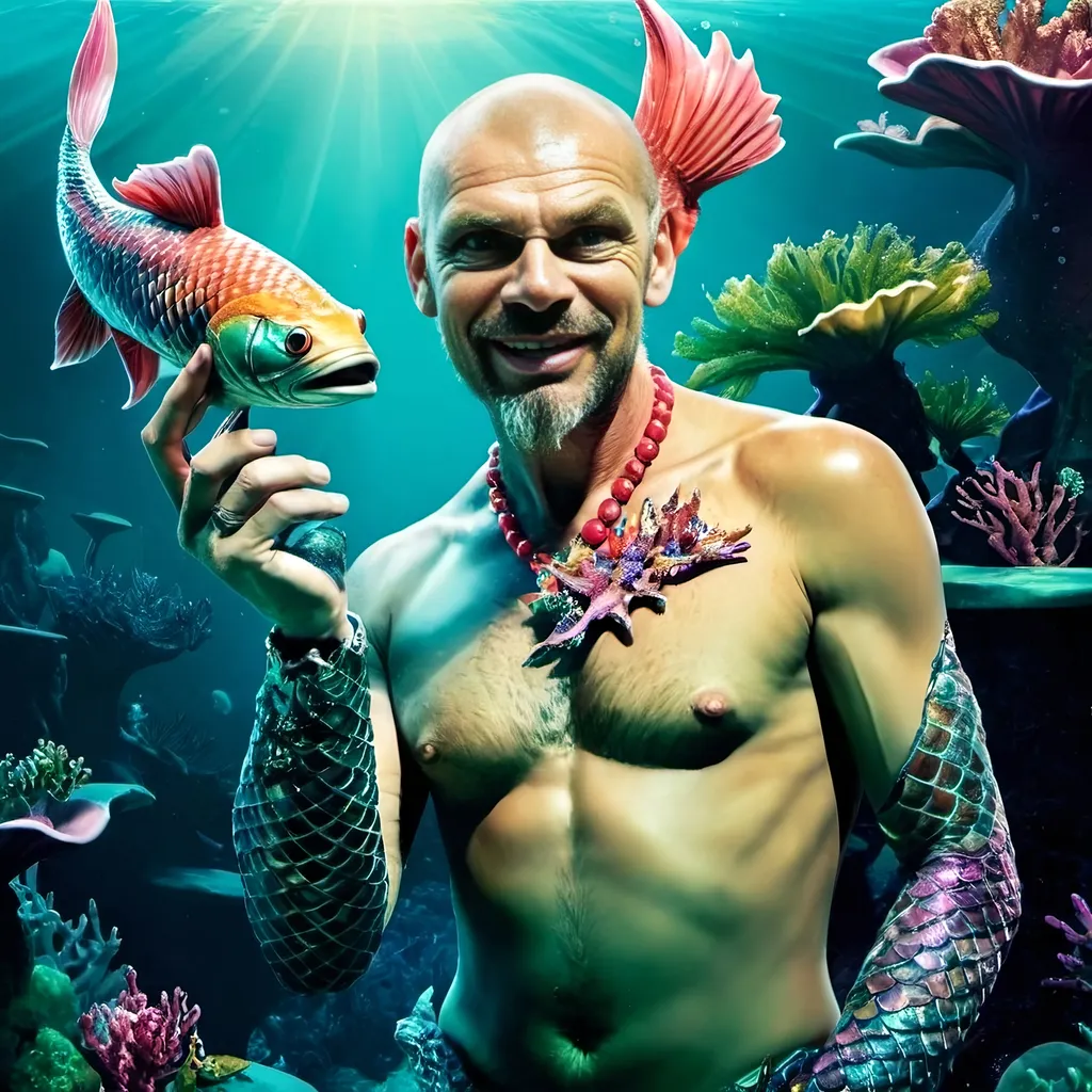 Prompt: a merman in a top hat and a mermaid tail is holding a fish in his hand and a hat is on his head, David LaChapelle, fantasy art, fantasy artwork, a character portrait