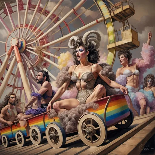 Prompt: (honoring nuit), a mesmerizing painting of colorful drag queens exuding joy and fabulousness while riding a roller coaster, vibrant (rainbow) painted on the side, a whimsical ferris wheel creating a festive atmosphere in the background, whimsical cotton candy clouds, (dynamic movement), warm pastel colors enhancing the lively scene, ultra-detailed, high-quality artwork capturing a celebratory ambiance.