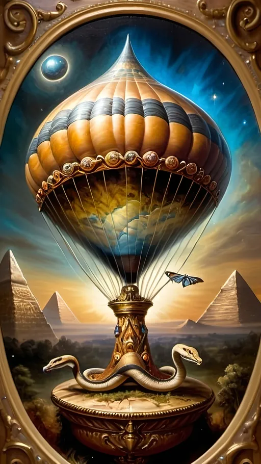 Prompt: (masterpiece oil painting) “7 Wonders Art Glass Studio” hot air balloon, adorned with a striking painting of a vibrant snake, soaring against a celestial sky filled with shimmering stars and planets, honoring (ancient deities Nuit and Horus), framed by the iconic Great Pyramids, symbolically celebrating Thoth. Rich, vivid colors, dynamic brush strokes, high-detail elegance for a compelling visual narrative. 