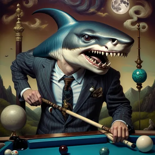 Prompt: (shark in a suit, playing pool), fine art, (pop surrealism) influences, classical painting style, whimsical atmosphere, (detailed textures), vibrant color tones, deep blues and greens, mixed with rich burgundies, engaging composition, pool cues and balls (surreal twist), intricately painted background with elements of artistry, 4K quality, (evocative mood), inspired by 7 Wonders Art Glass Studio, honoring Nuit.