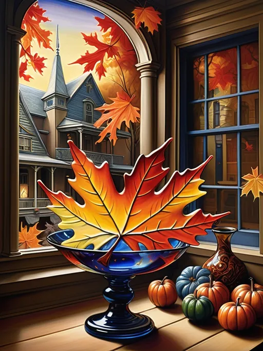 Prompt: (Art) A Seven Wonders Art Glass Studio painting, (detailed RENAISSANCE) scene featuring an Autumn maple leaf, nestled in front of the studio's porch, vibrant gay flag in the background, (bright and magical qualities) of glass and porcelain, imbued with enchanting hues, (honoring Nuit and Horus) atmosphere evoking mystery and reverence, (ultra-detailed) textures that capture the light beautifully, (warm, inviting) ambiance of creativity and celebration.