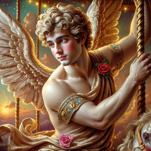 Prompt: 7 Wonders Art Glass Studio oil painting, (honoring Nuit), (God Eros) with a (horse on a swing), (Carousel of Gods), adorned with (wings) and (a rose on his chest), inspired by Evelyn De Morgan, neoclassicism, (highly detailed digital painting), vivid hues of (brilliant gold), (azure) and (deep purples), serene and enchanting ambiance, intricate background elements, captivating contrast and texture, (ultra-detailed), masterpiece quality.